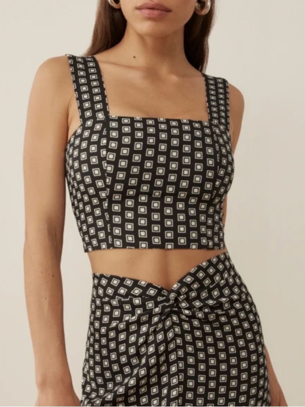 Reformation Black Crop Tank with White Geometric Squares